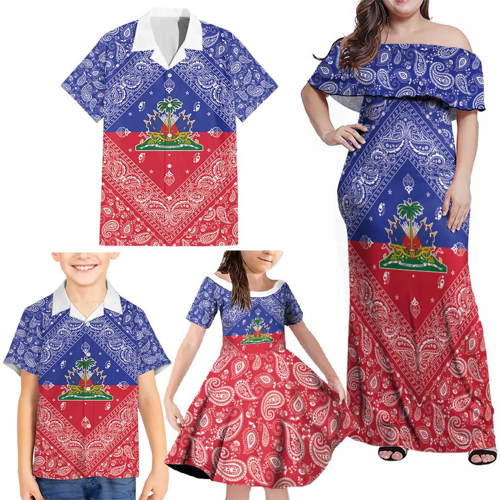 Haiti Paisley Family Matching Off Shoulder Maxi Dress and Hawaiian Shirt Haitian Flag Bandana Style - Wonder Print Shop