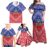 Haiti Paisley Family Matching Off Shoulder Maxi Dress and Hawaiian Shirt Haitian Flag Bandana Style - Wonder Print Shop