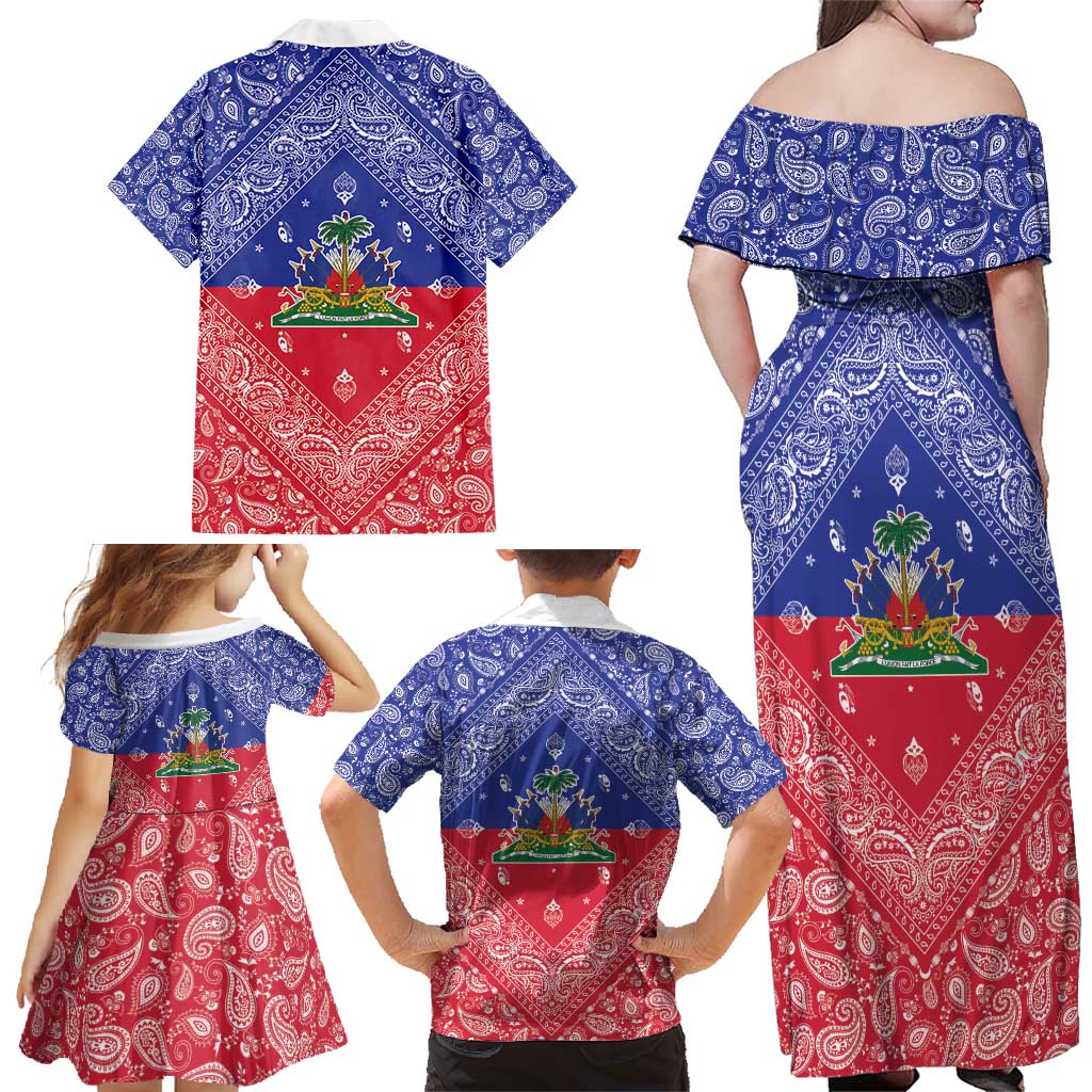 Haiti Paisley Family Matching Off Shoulder Maxi Dress and Hawaiian Shirt Haitian Flag Bandana Style - Wonder Print Shop