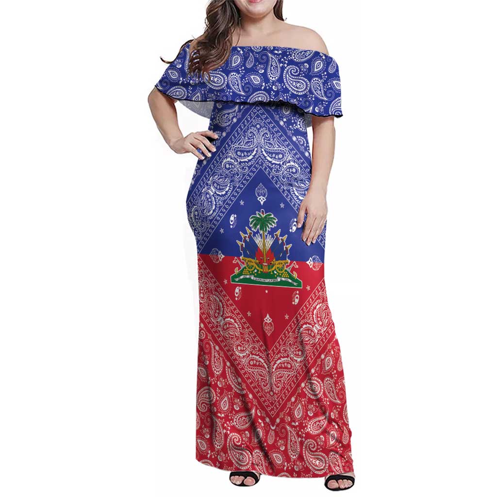 Haiti Paisley Family Matching Off Shoulder Maxi Dress and Hawaiian Shirt Haitian Flag Bandana Style - Wonder Print Shop