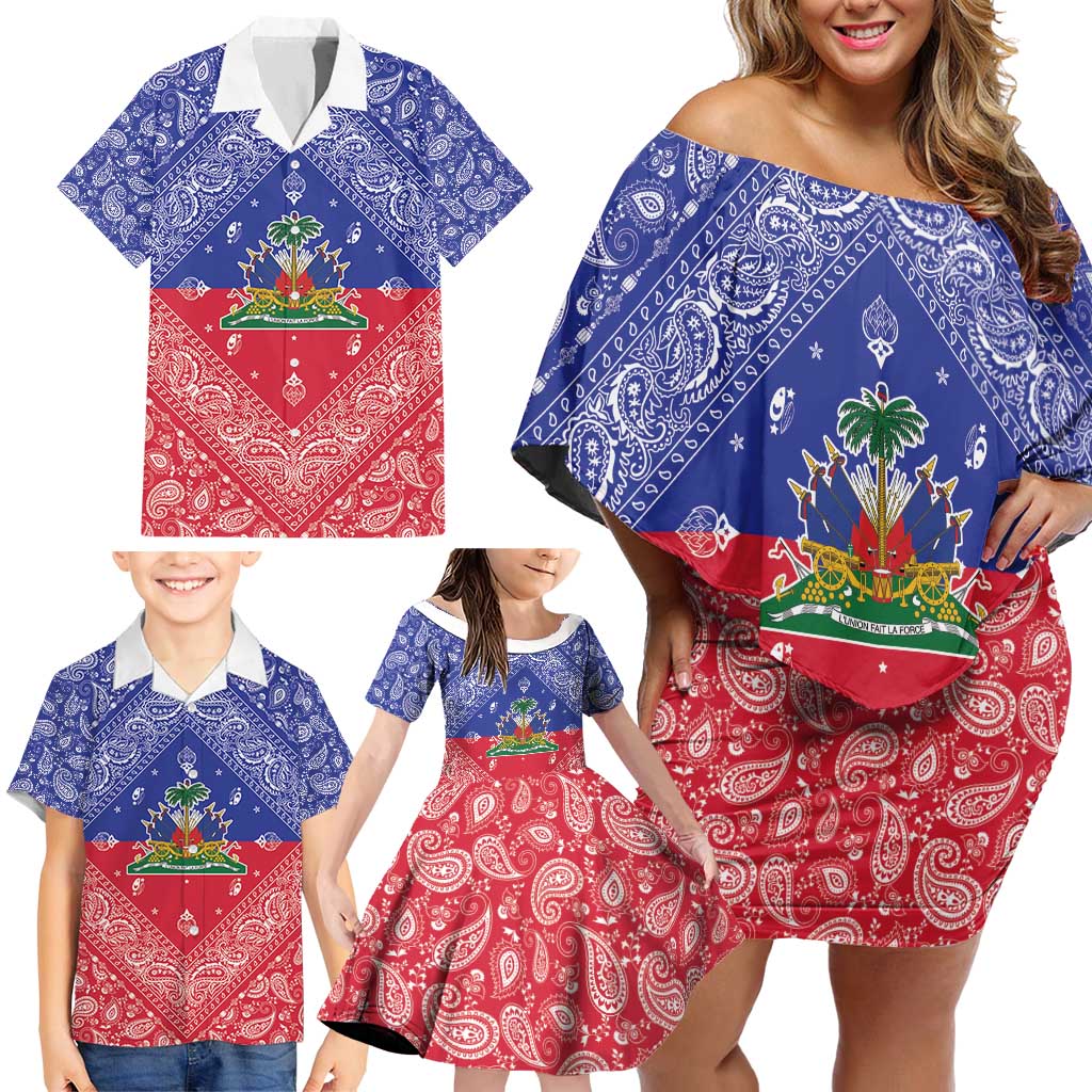 Haiti Paisley Family Matching Off Shoulder Short Dress and Hawaiian Shirt Haitian Flag Bandana Style - Wonder Print Shop