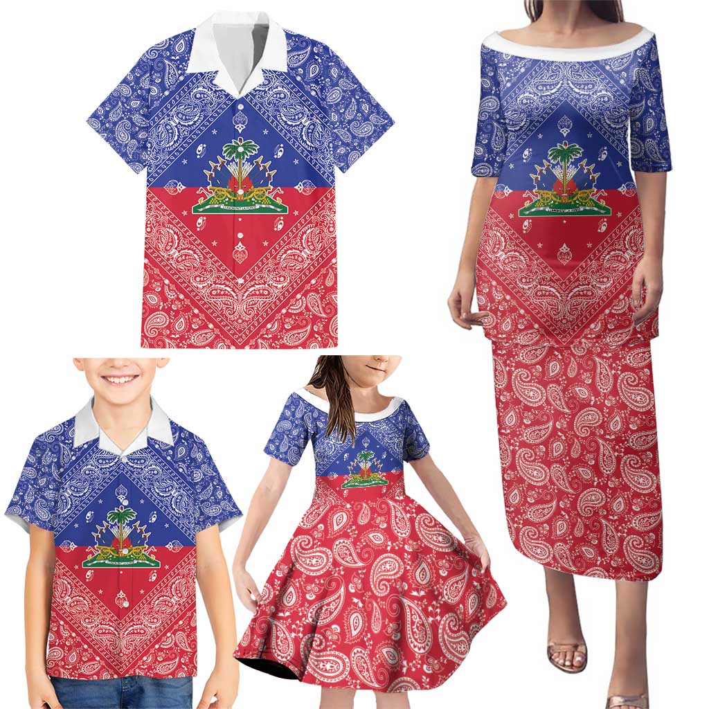 Haiti Paisley Family Matching Puletasi and Hawaiian Shirt Haitian Flag Bandana Style - Wonder Print Shop