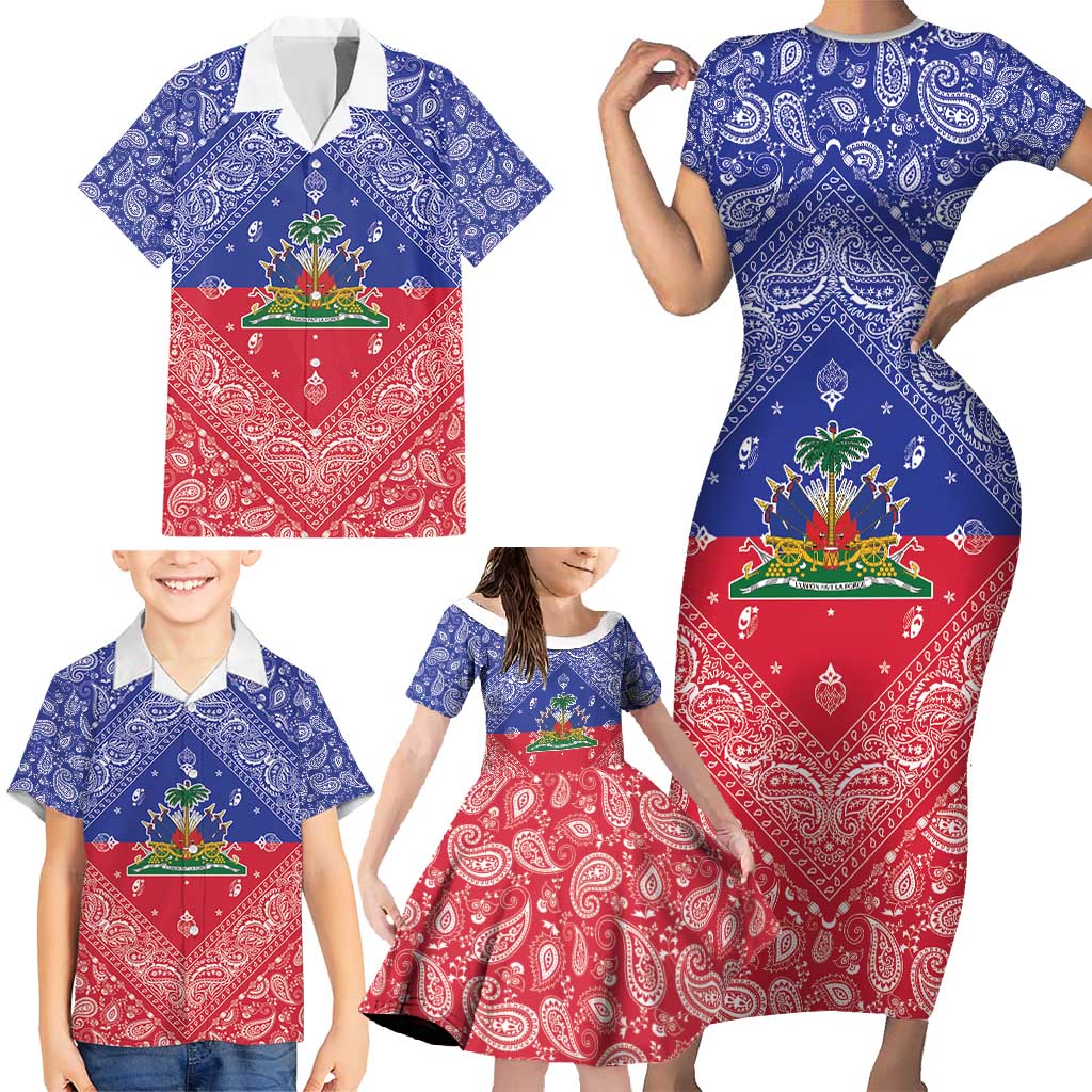Haiti Paisley Family Matching Short Sleeve Bodycon Dress and Hawaiian Shirt Haitian Flag Bandana Style - Wonder Print Shop