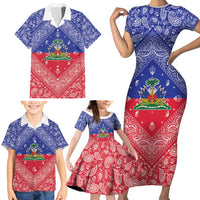 Haiti Paisley Family Matching Short Sleeve Bodycon Dress and Hawaiian Shirt Haitian Flag Bandana Style - Wonder Print Shop