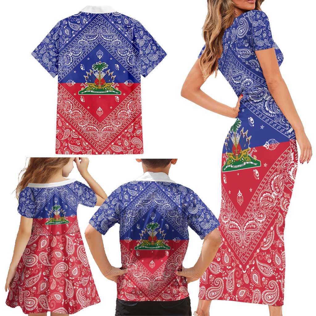 Haiti Paisley Family Matching Short Sleeve Bodycon Dress and Hawaiian Shirt Haitian Flag Bandana Style - Wonder Print Shop