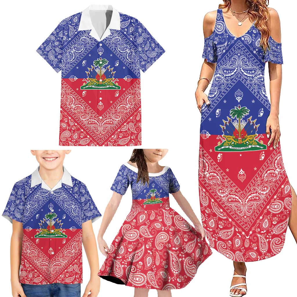 Haiti Paisley Family Matching Summer Maxi Dress and Hawaiian Shirt Haitian Flag Bandana Style - Wonder Print Shop
