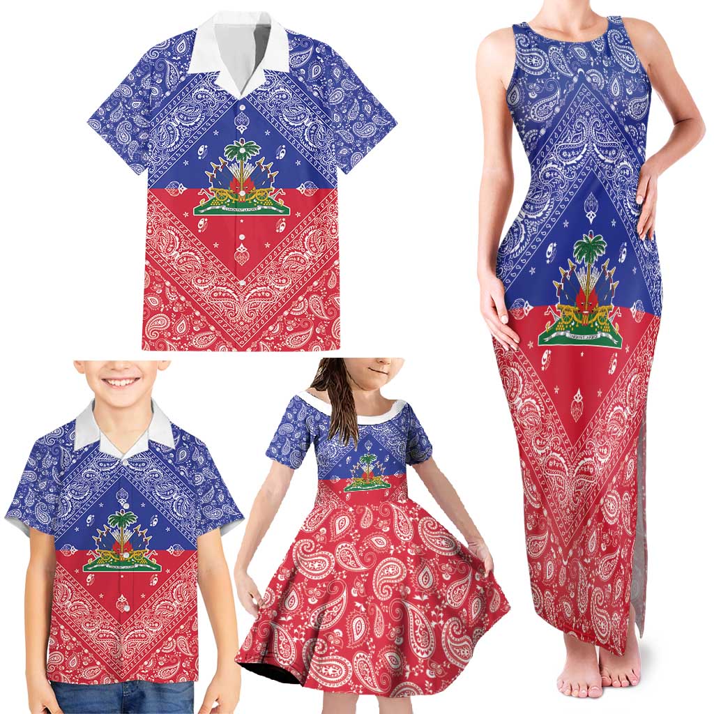 Haiti Paisley Family Matching Tank Maxi Dress and Hawaiian Shirt Haitian Flag Bandana Style - Wonder Print Shop
