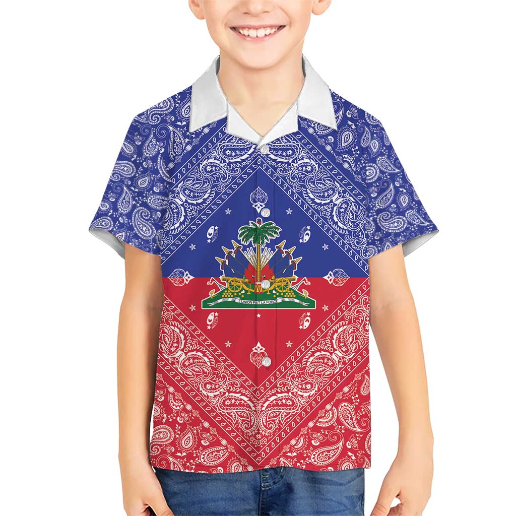 Haiti Paisley Kid Hawaiian Shirt Haitian Flag Bandana Style - Wonder Print Shop
