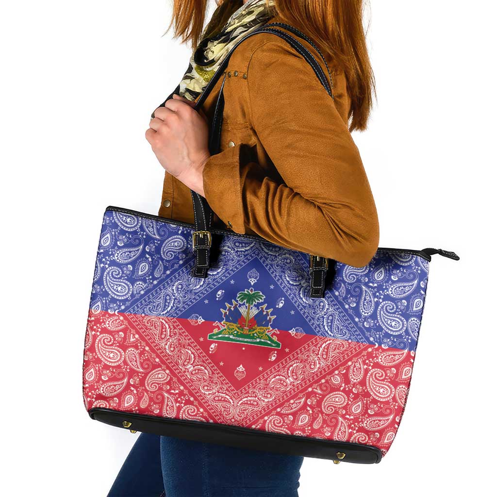 Haiti Paisley Leather Tote Bag Haitian Flag Bandana Style - Wonder Print Shop