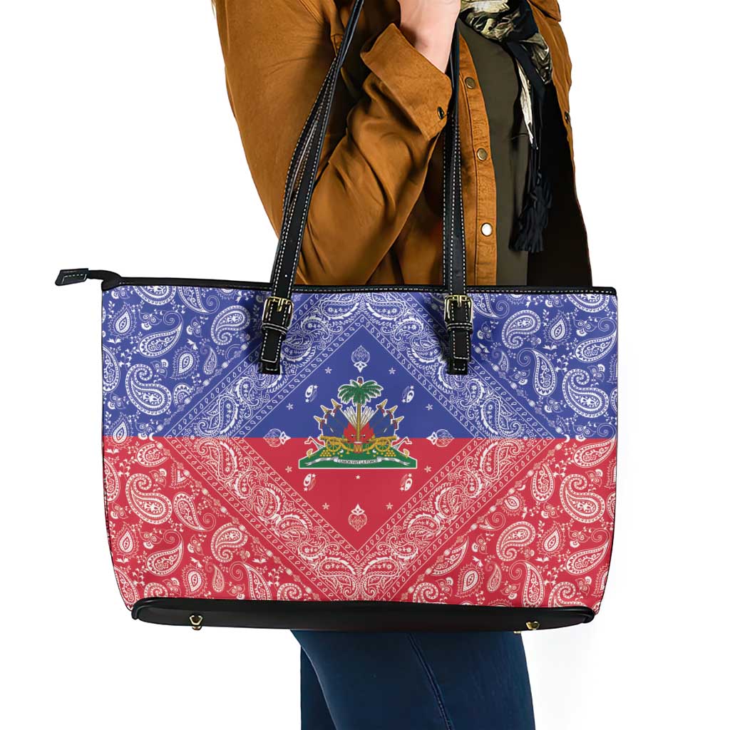 Haiti Paisley Leather Tote Bag Haitian Flag Bandana Style - Wonder Print Shop