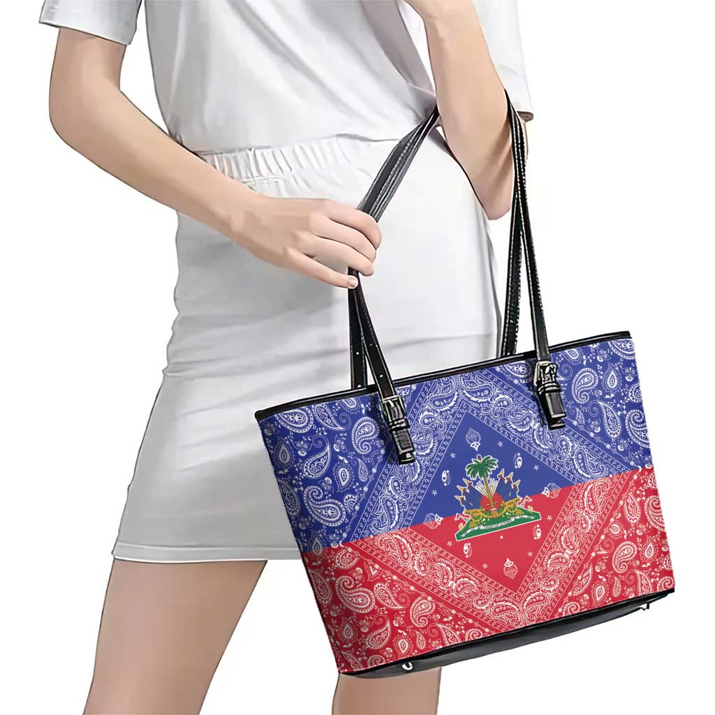 Haiti Paisley Leather Tote Bag Haitian Flag Bandana Style - Wonder Print Shop