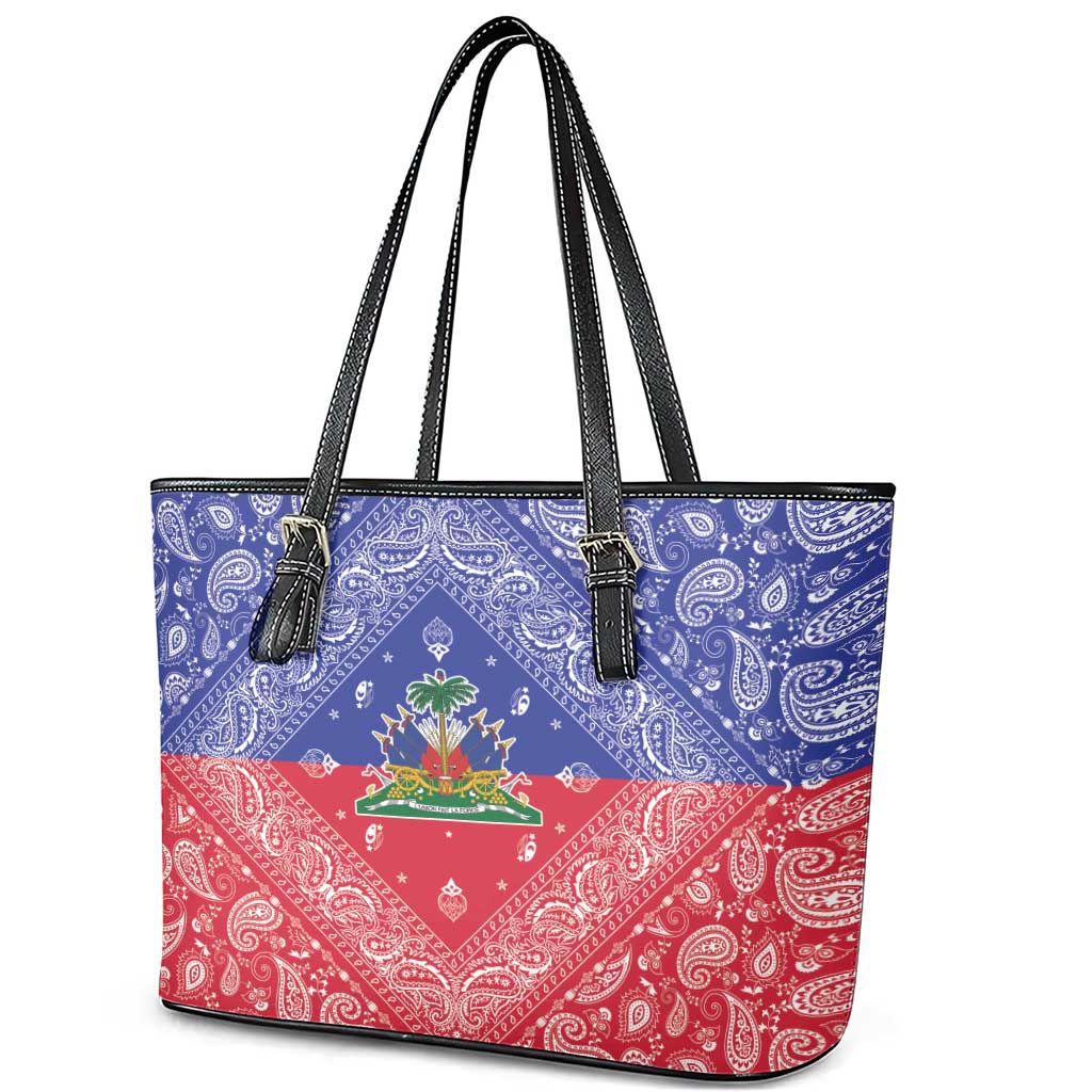 Haiti Paisley Leather Tote Bag Haitian Flag Bandana Style - Wonder Print Shop