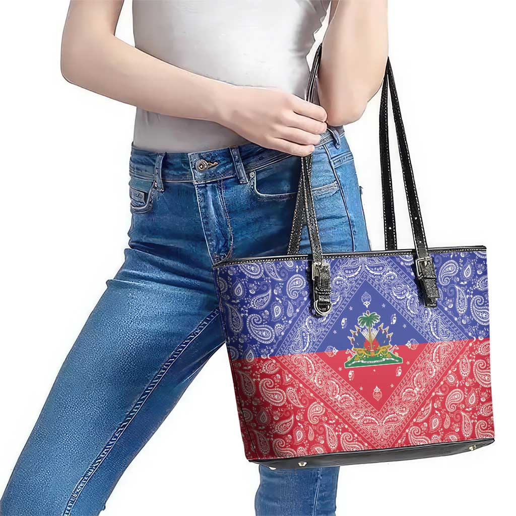 Haiti Paisley Leather Tote Bag Haitian Flag Bandana Style - Wonder Print Shop