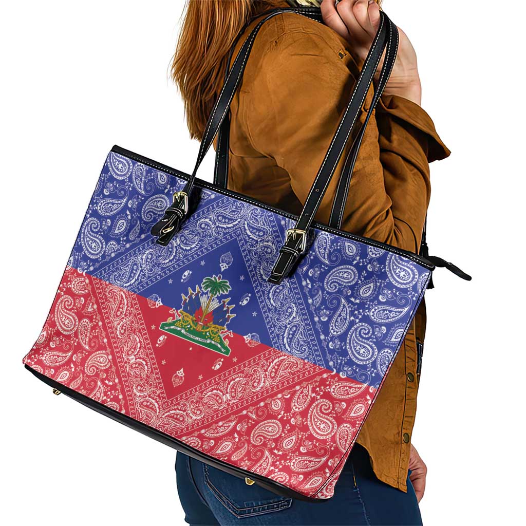 Haiti Paisley Leather Tote Bag Haitian Flag Bandana Style - Wonder Print Shop