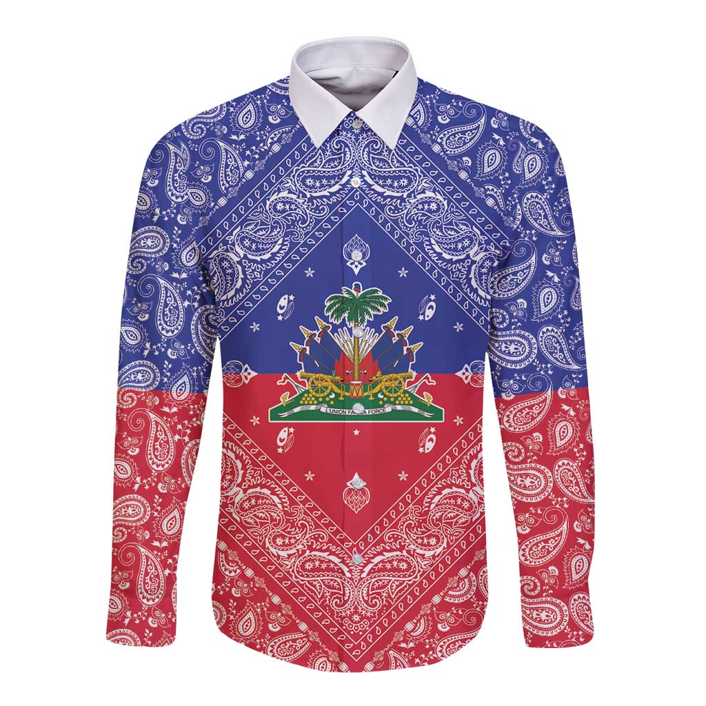 Haiti Paisley Long Sleeve Button Shirt Haitian Flag Bandana Style - Wonder Print Shop