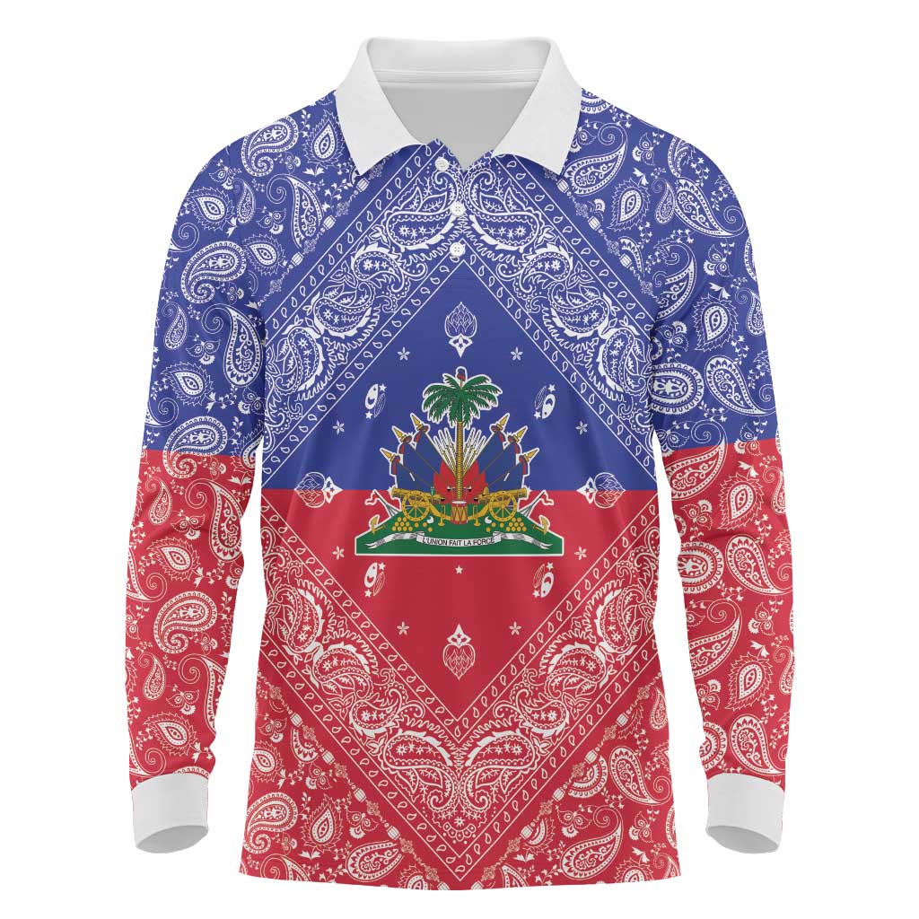 Haiti Paisley Long Sleeve Polo Shirt Haitian Flag Bandana Style - Wonder Print Shop