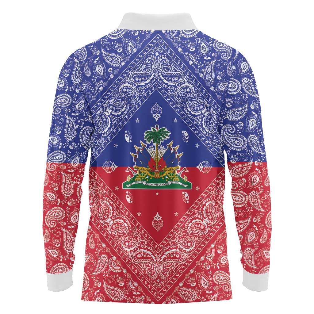 Haiti Paisley Long Sleeve Polo Shirt Haitian Flag Bandana Style - Wonder Print Shop