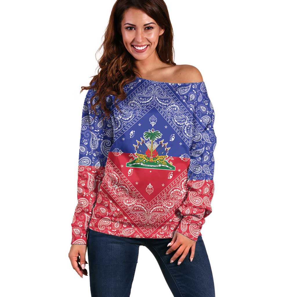 Haiti Paisley Off Shoulder Sweater Haitian Flag Bandana Style - Wonder Print Shop