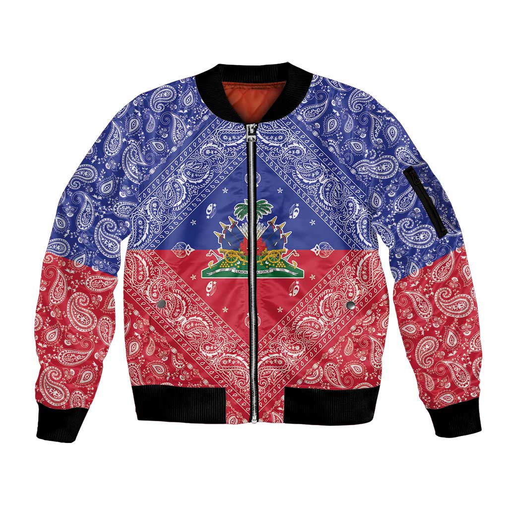 Haiti Paisley Sleeve Zip Bomber Jacket Haitian Flag Bandana Style - Wonder Print Shop