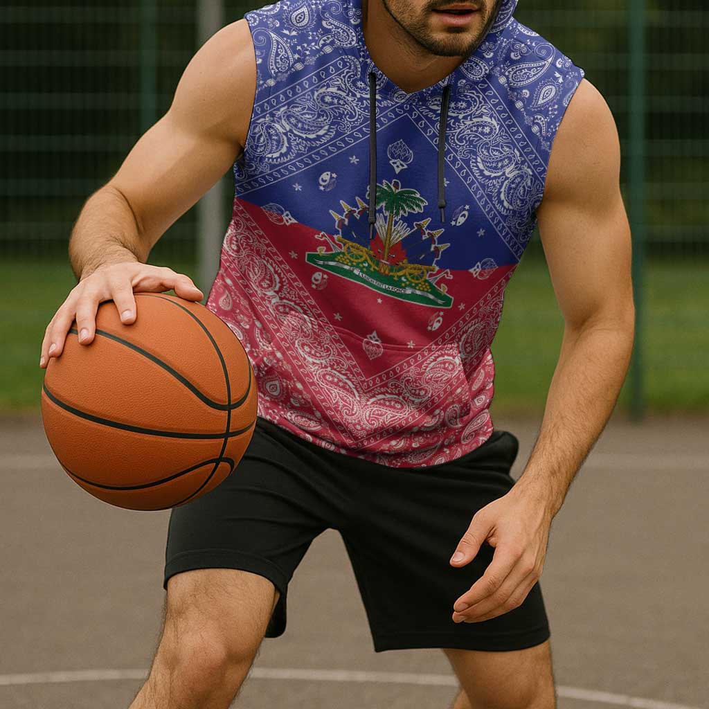 Haiti Paisley Sleeveless Hoodie Haitian Flag Bandana Style - Wonder Print Shop