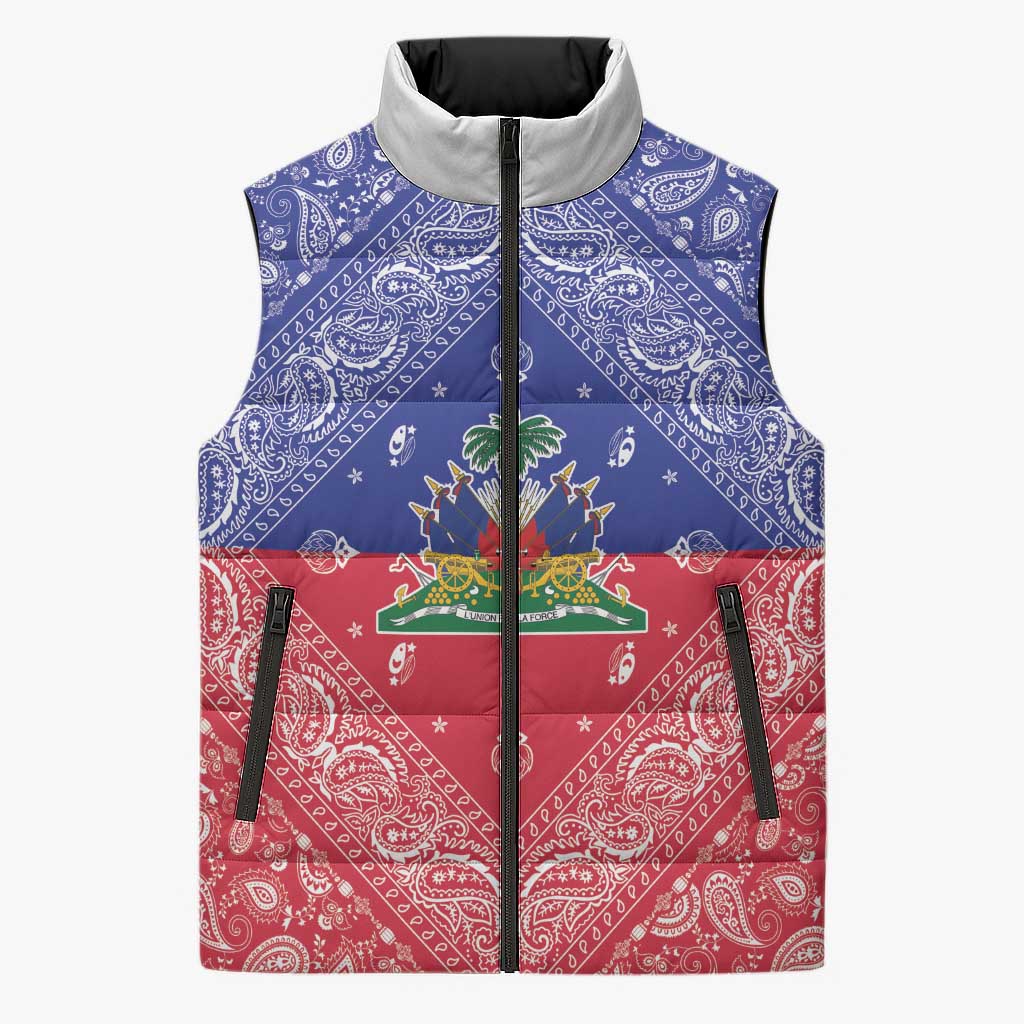 Haiti Paisley Sleeveless Puffer Jacket Haitian Flag Bandana Style - Wonder Print Shop