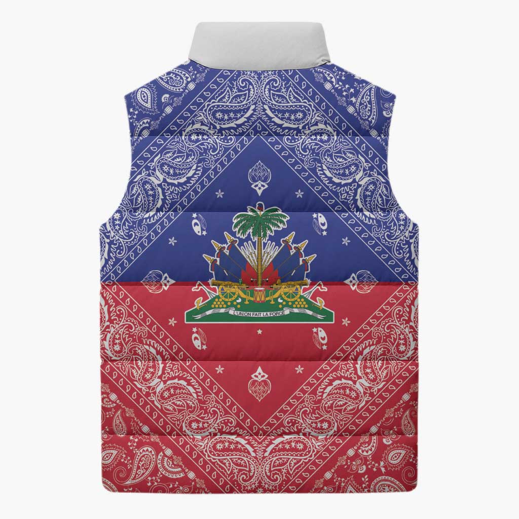 Haiti Paisley Sleeveless Puffer Jacket Haitian Flag Bandana Style - Wonder Print Shop