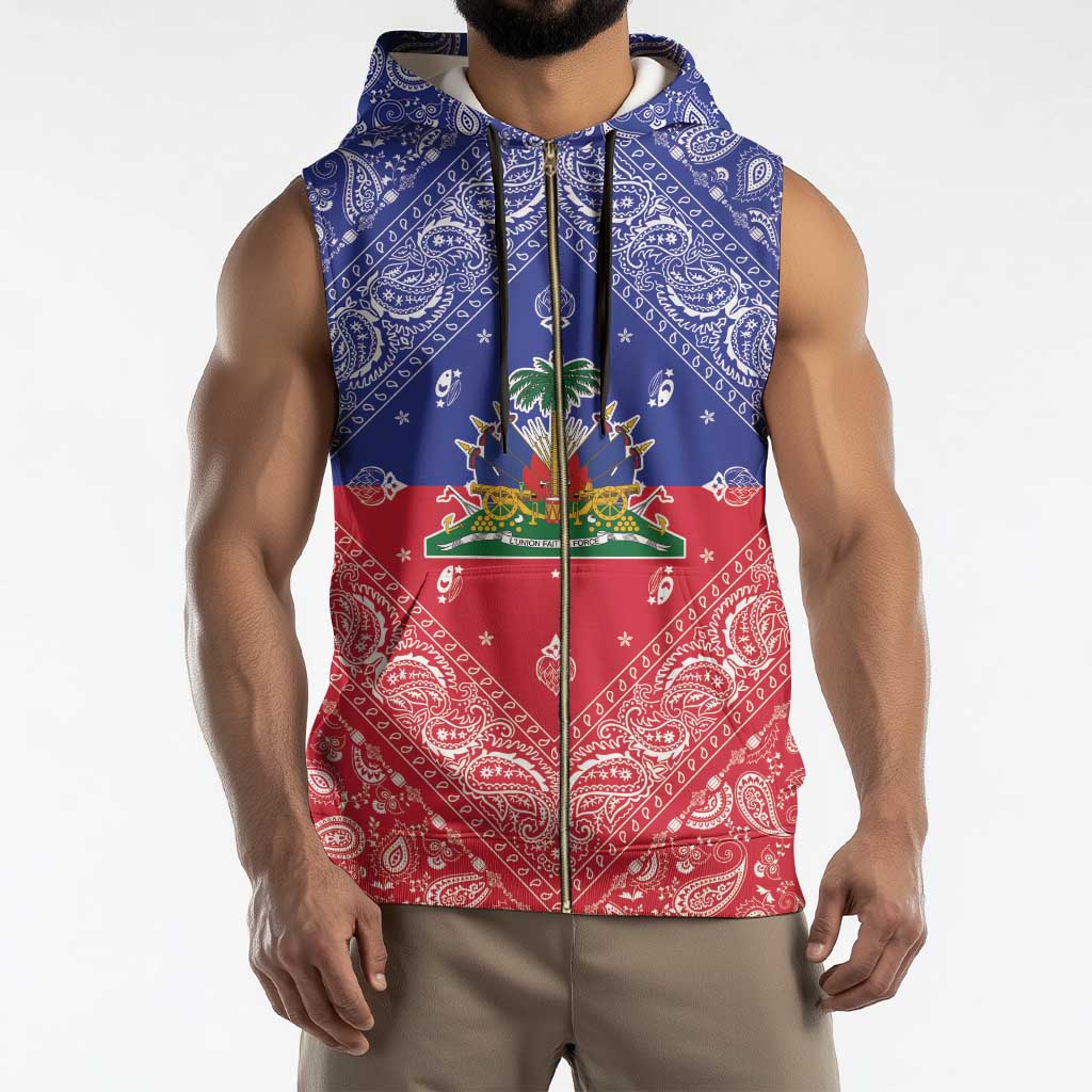 Haiti Paisley Sleeveless Zip Hoodie Haitian Flag Bandana Style - Wonder Print Shop