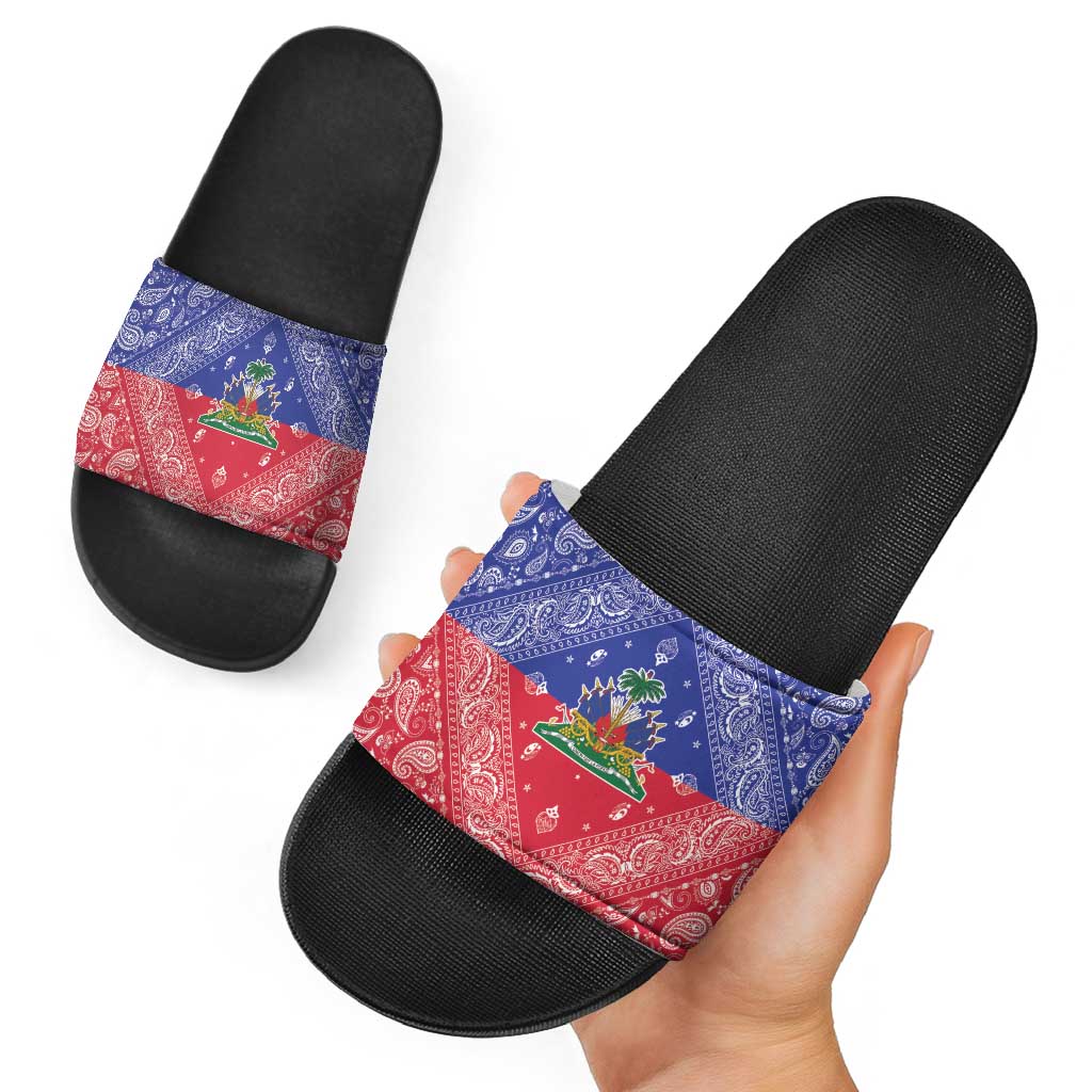Haiti Paisley Slide Sandals Haitian Flag Bandana Style - Wonder Print Shop