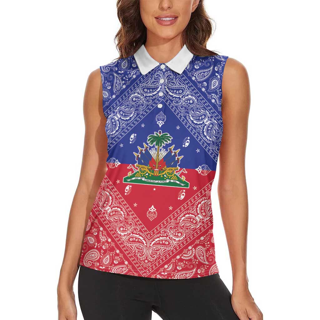 Haiti Paisley Women Sleeveless Polo Shirt Haitian Flag Bandana Style - Wonder Print Shop