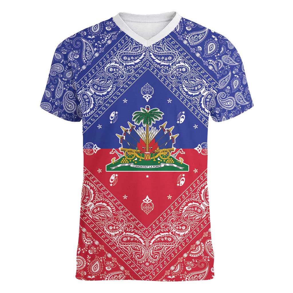 Haiti Paisley Women V-Neck T-Shirt Haitian Flag Bandana Style - Wonder Print Shop