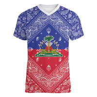 Haiti Paisley Women V-Neck T-Shirt Haitian Flag Bandana Style - Wonder Print Shop