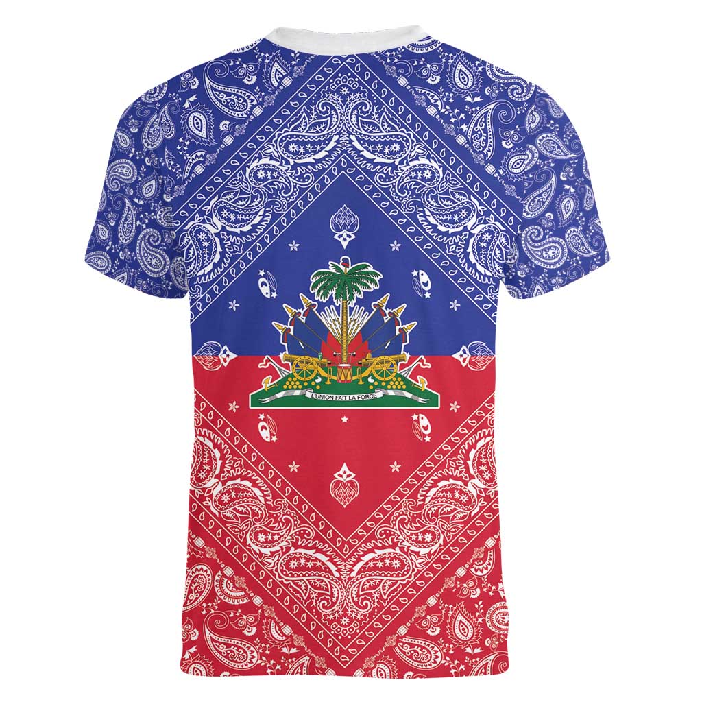 Haiti Paisley Women V-Neck T-Shirt Haitian Flag Bandana Style - Wonder Print Shop