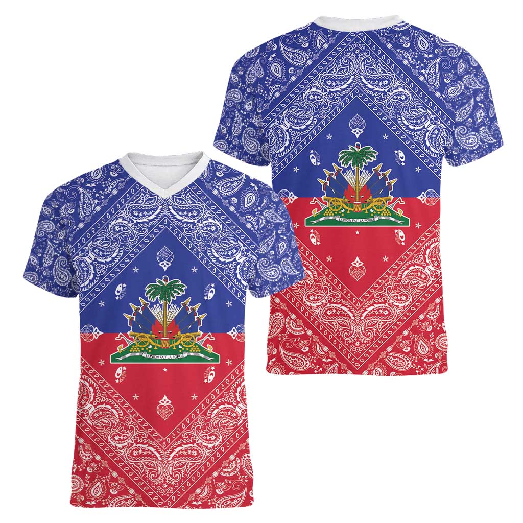 Haiti Paisley Women V-Neck T-Shirt Haitian Flag Bandana Style - Wonder Print Shop