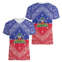 Haiti Paisley Women V-Neck T-Shirt Haitian Flag Bandana Style - Wonder Print Shop