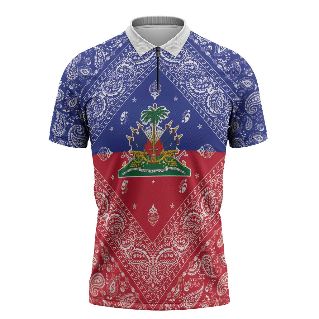 Haiti Paisley Zipper Polo Shirt Haitian Flag Bandana Style - Wonder Print Shop