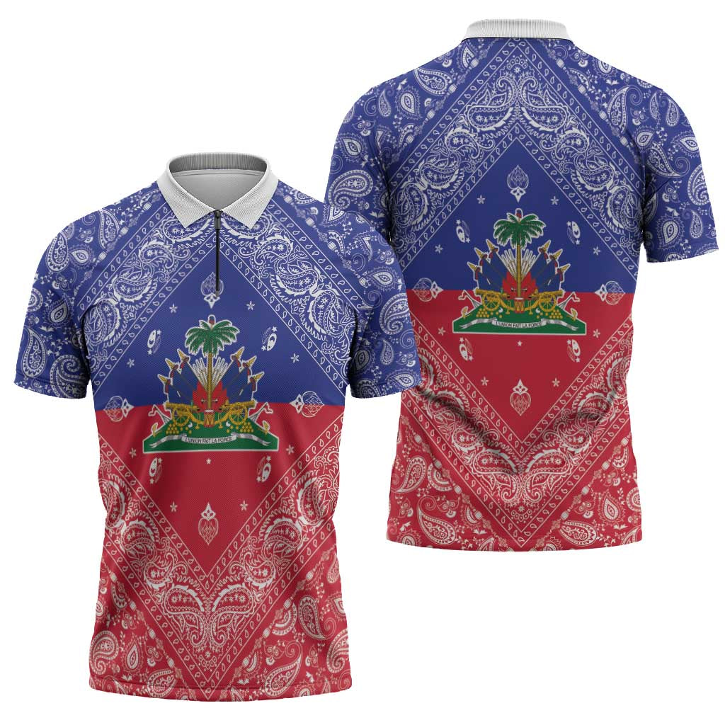 Haiti Paisley Zipper Polo Shirt Haitian Flag Bandana Style - Wonder Print Shop