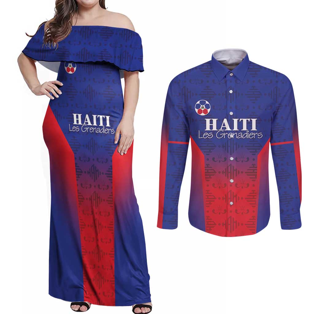 Custom Haiti Football Couples Matching Off Shoulder Maxi Dress and Long Sleeve Button Shirt Sporty Style - Wonder Print Shop