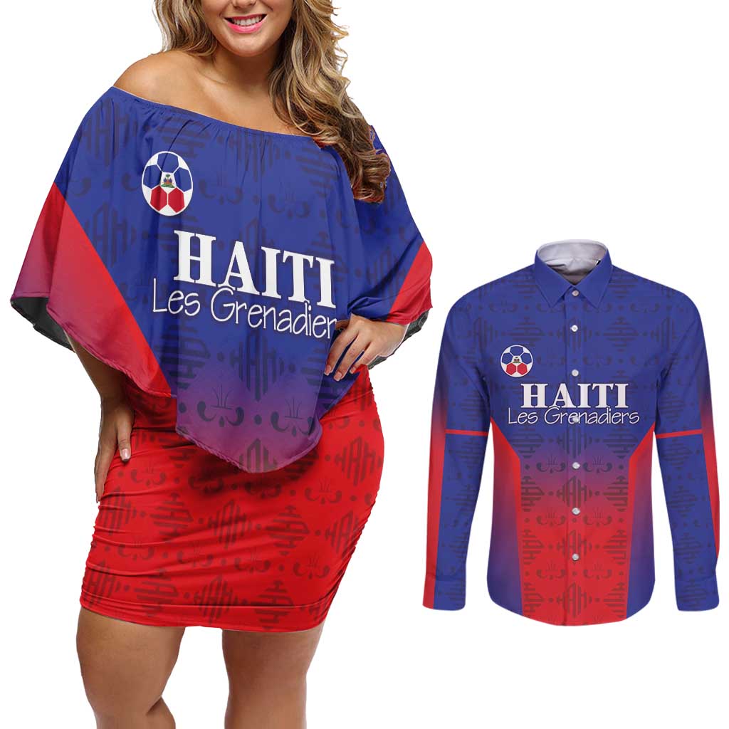 Custom Haiti Football Couples Matching Off Shoulder Short Dress and Long Sleeve Button Shirt Sporty Style - Wonder Print Shop