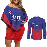 Custom Haiti Football Couples Matching Off Shoulder Short Dress and Long Sleeve Button Shirt Sporty Style - Wonder Print Shop