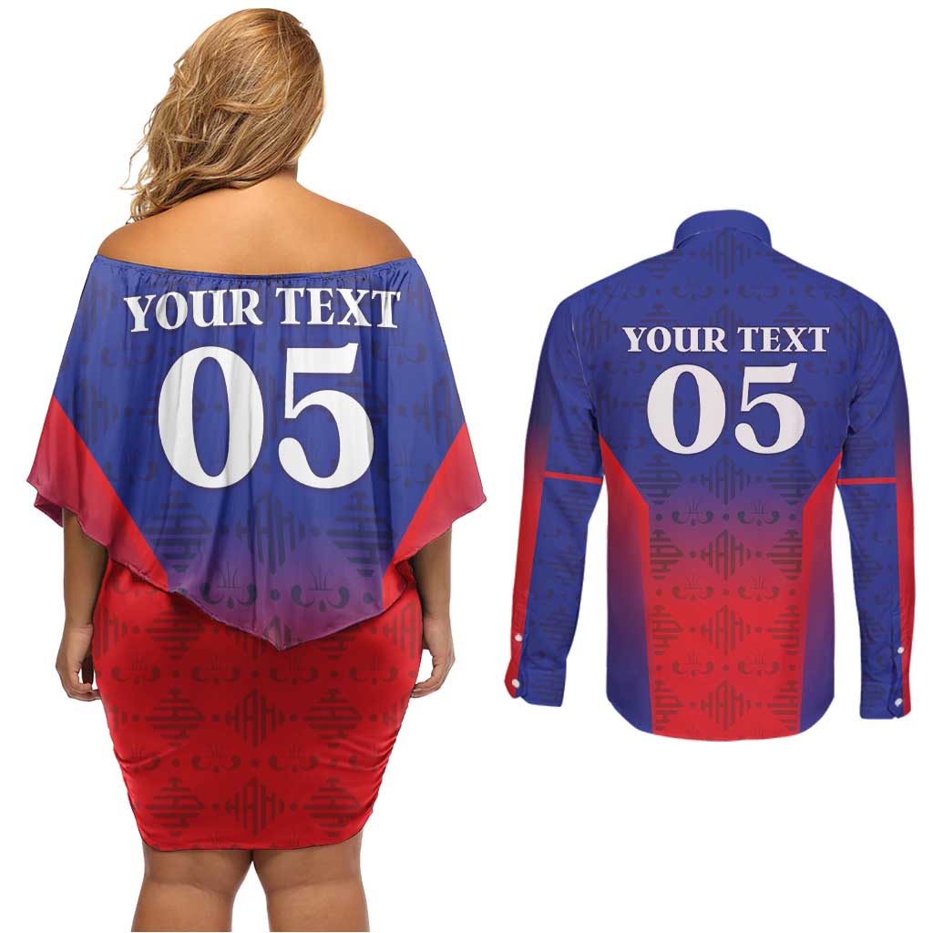 Custom Haiti Football Couples Matching Off Shoulder Short Dress and Long Sleeve Button Shirt Sporty Style - Wonder Print Shop