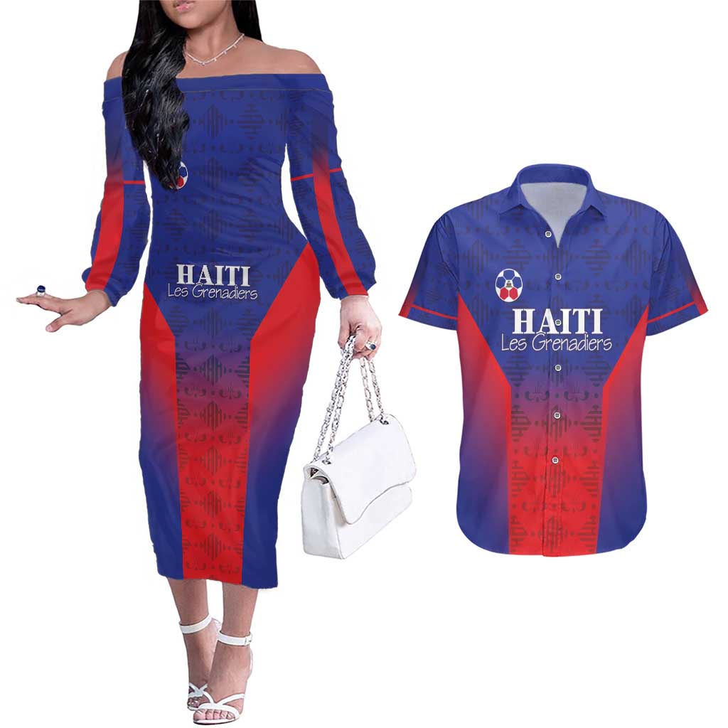 Custom Haiti Football Couples Matching Off The Shoulder Long Sleeve Dress and Hawaiian Shirt Sporty Style - Wonder Print Shop