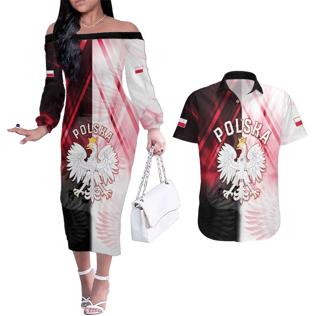 Personalized Poland Crowned Eagle Couples Matching Off The Shoulder Long Sleeve Dress and Hawaiian Shirt Special Style - Wonder Print Shop