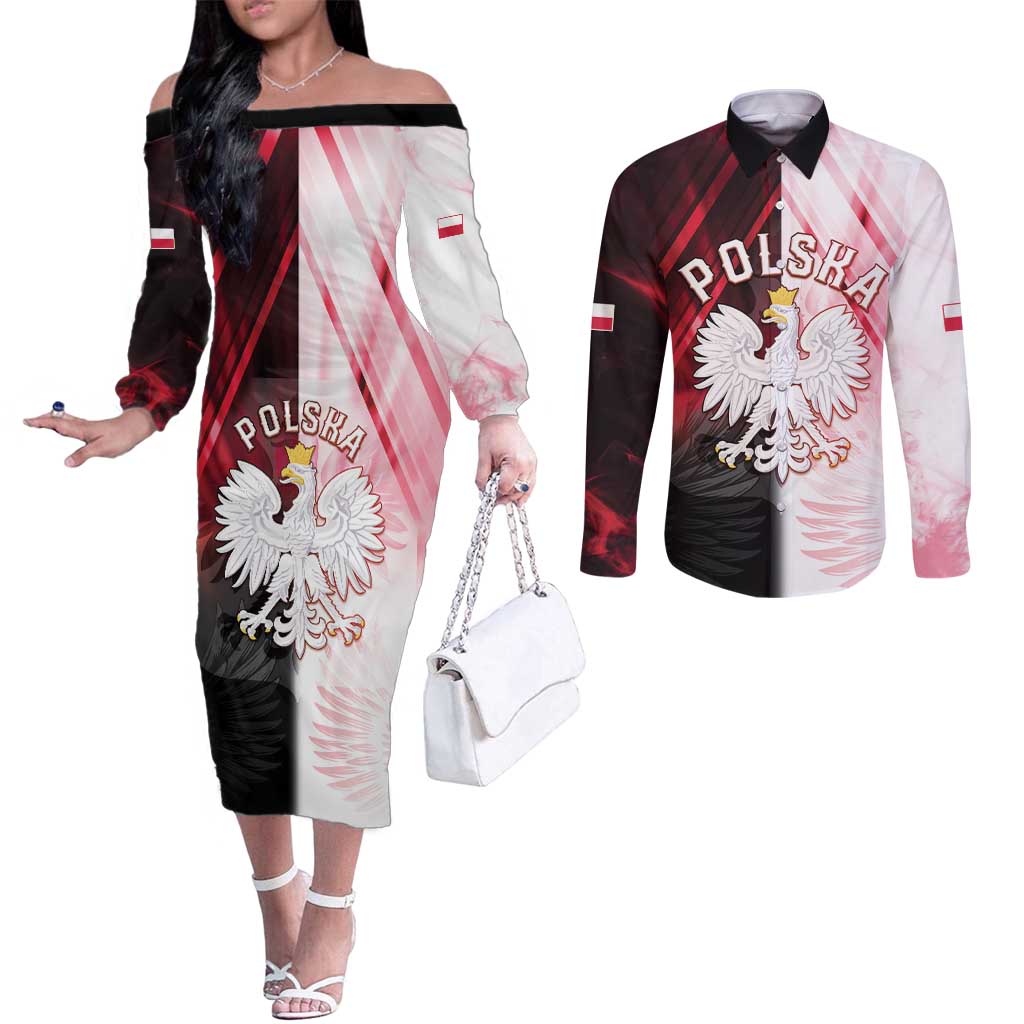 Personalized Poland Crowned Eagle Couples Matching Off The Shoulder Long Sleeve Dress and Long Sleeve Button Shirt Special Style - Wonder Print Shop