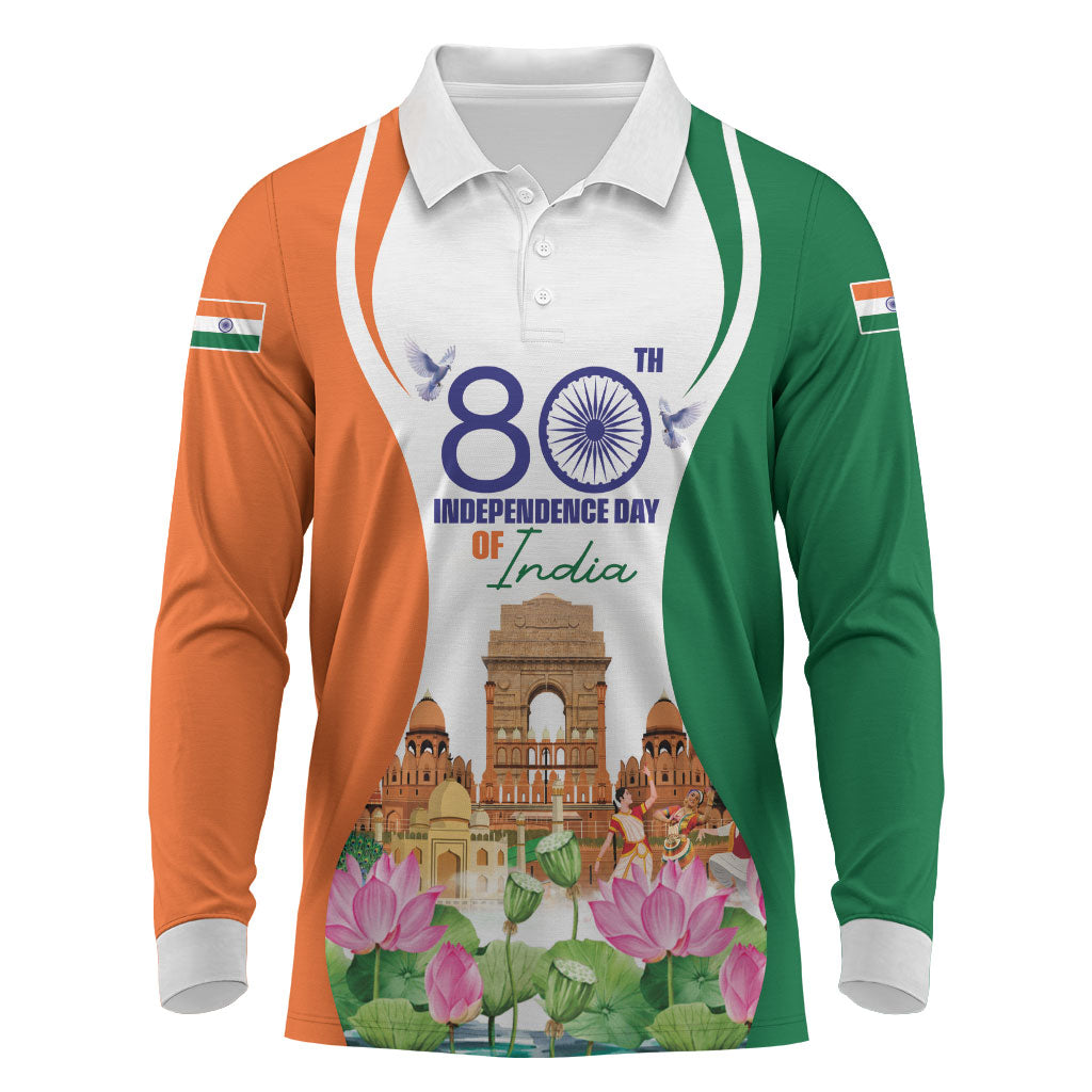 Jai Hind India Long Sleeve Polo Shirt Happy 80th Independence Day