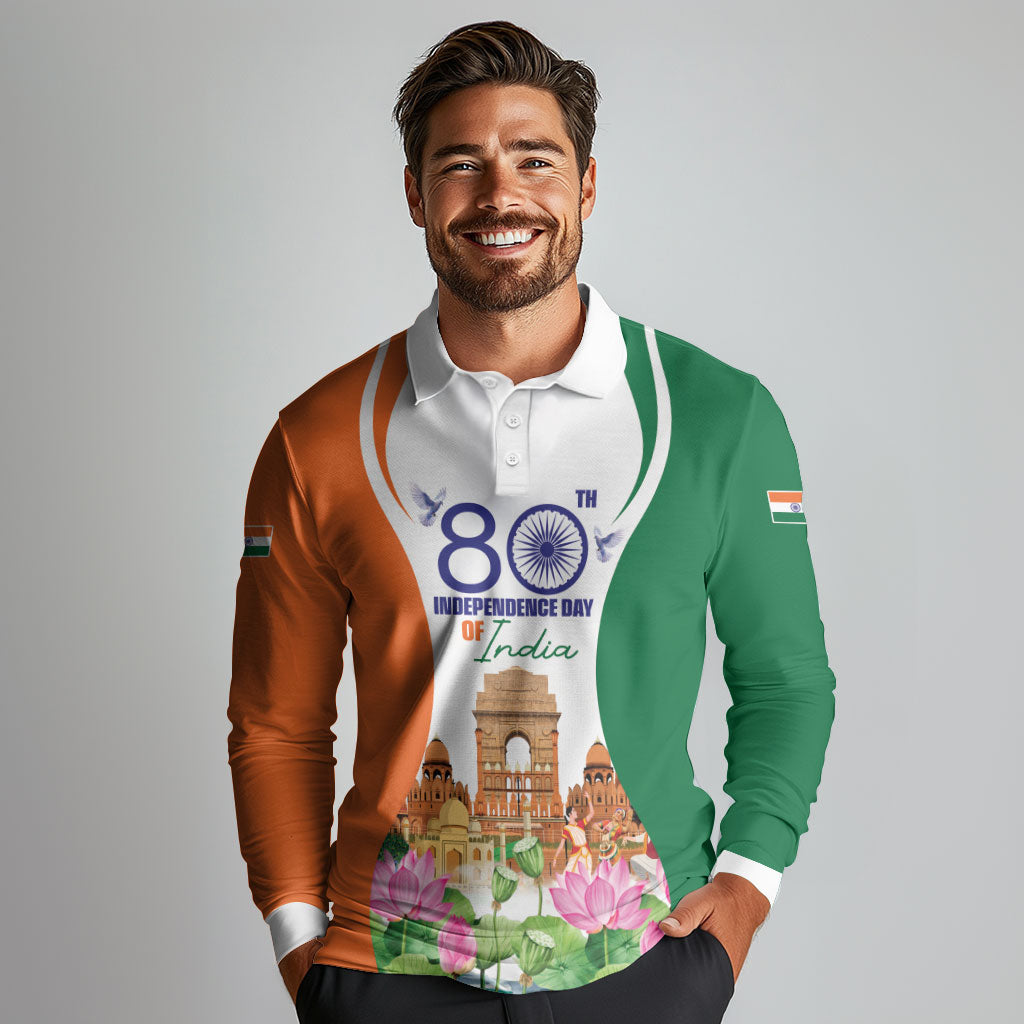 Jai Hind India Long Sleeve Polo Shirt Happy 80th Independence Day