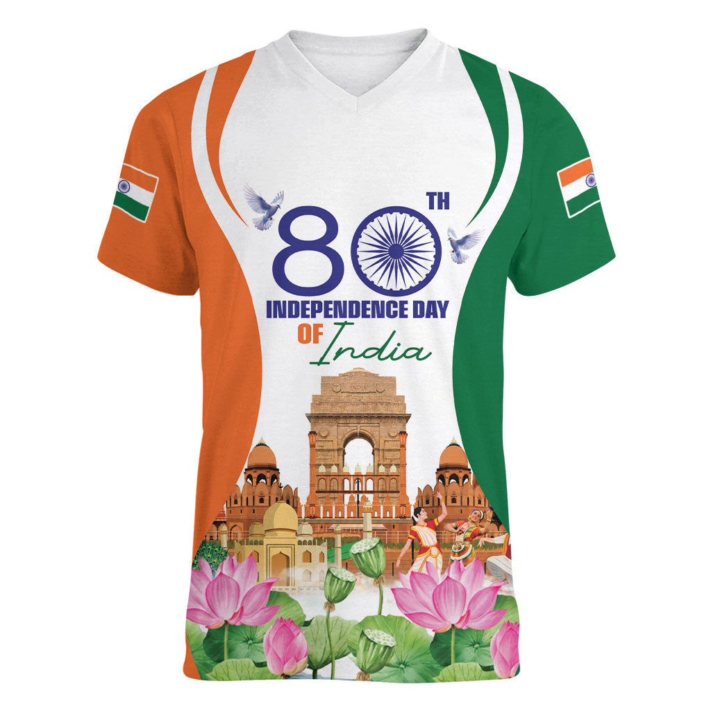 Jai Hind India Women V-Neck T-Shirt Happy 80th Independence Day