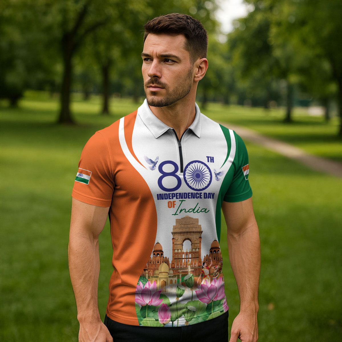 Jai Hind India Zipper Polo Shirt Happy 80th Independence Day