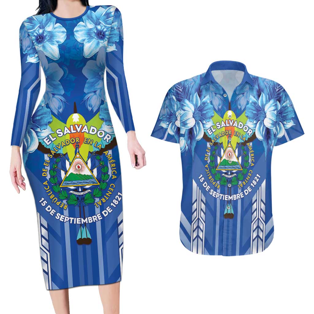 Viva El Salvador Couples Matching Long Sleeve Bodycon Dress and Hawaiian Shirt Happy Independence Day - Wonder Print Shop