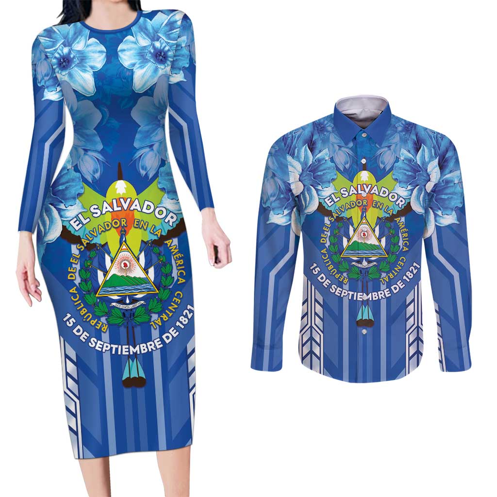 Viva El Salvador Couples Matching Long Sleeve Bodycon Dress and Long Sleeve Button Shirt Happy Independence Day - undefined