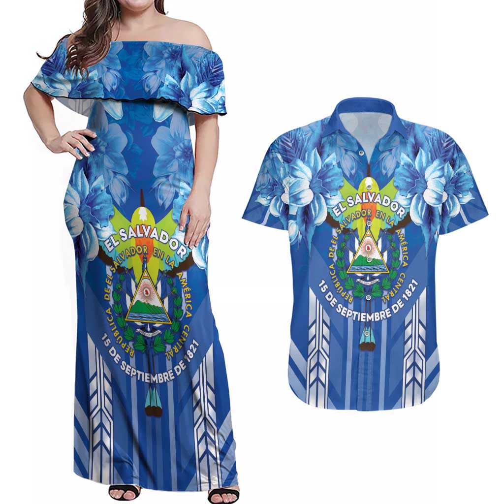 Viva El Salvador Couples Matching Off Shoulder Maxi Dress and Hawaiian Shirt Happy Independence Day - Wonder Print Shop